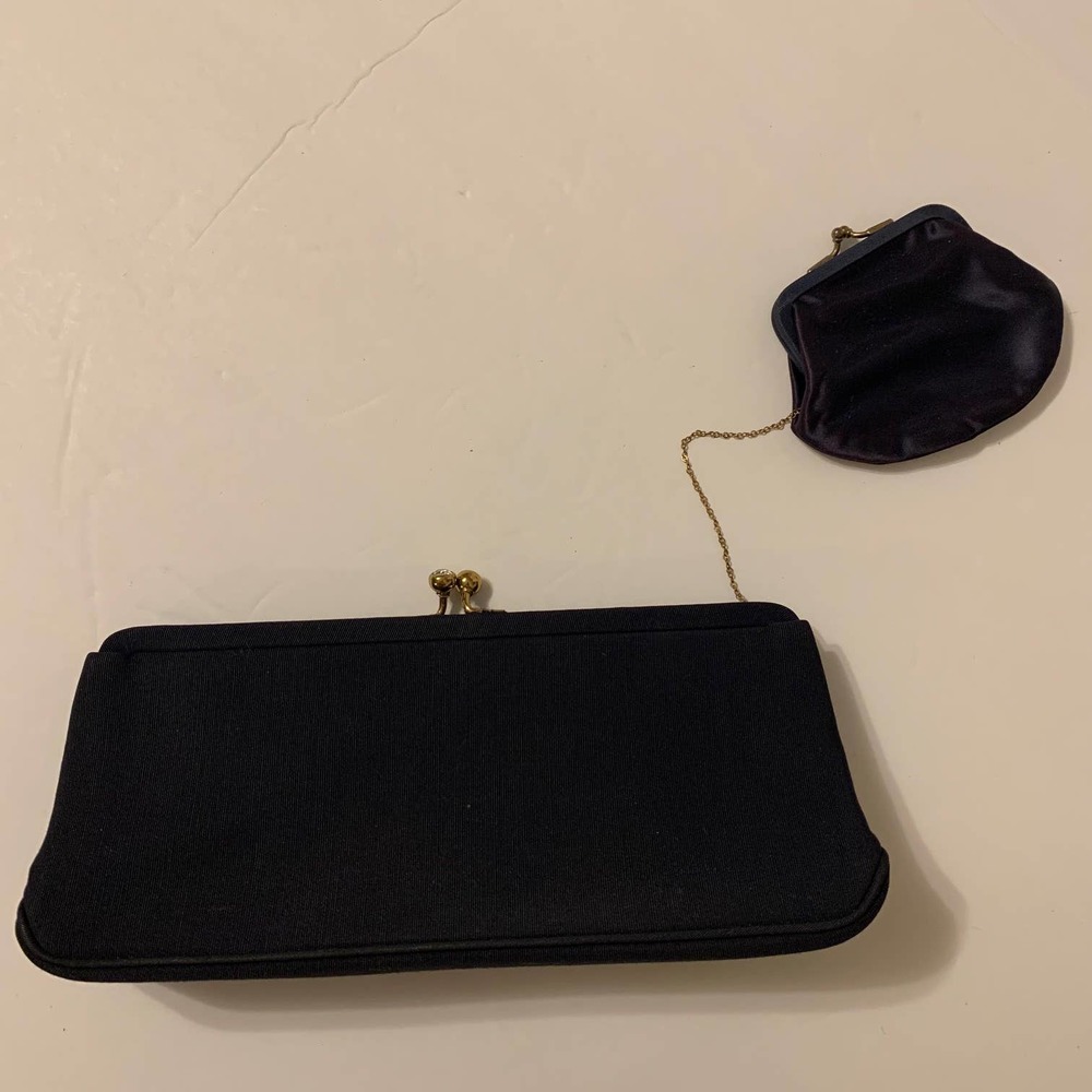 Morris Moskowitz Vintage‎ Black Twill Satin Clutch Attached Coin Purse